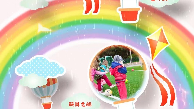彩虹雨中漂浮上升的六一儿童节展示1预览图